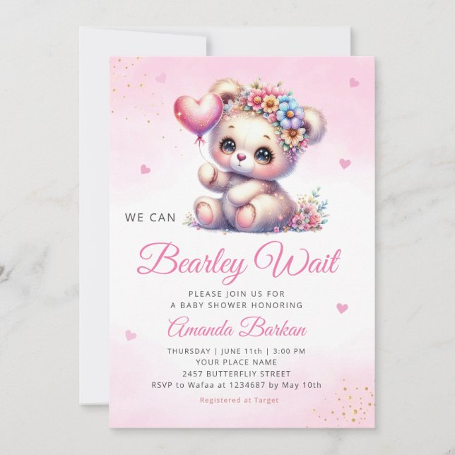 We Can Bearly Wait Girl Teddy Bear Baby Shower Invitation (Front)