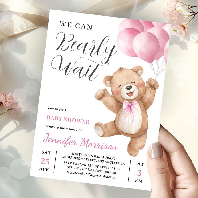 We Can Bearly Wait Girl Teddy Bear Baby Shower Invitation (Creator Uploaded)
