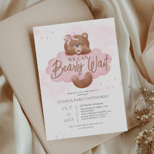 We Can Bearly Wait Girl Teddy Bear Baby Shower Invitation