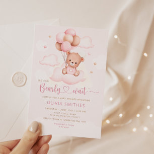 We Can Bearly Wait Girl Teddy Bear Baby Shower Invitation