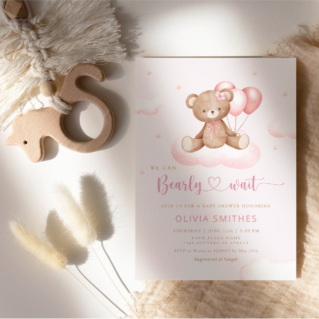 We Can Bearly Wait Girl Teddy Bear Baby Shower Invitation (Creator Uploaded)