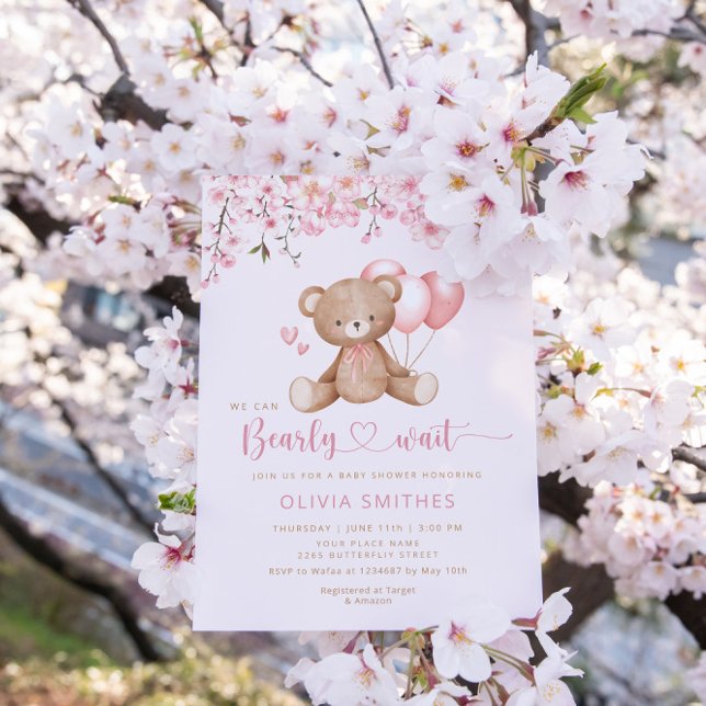 We Can Bearly Wait Girl Teddy Bear Baby Shower  Invitation (Creator Uploaded)