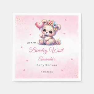 We Can Bearly Wait Girl Teddy Bear Baby Shower Napkin