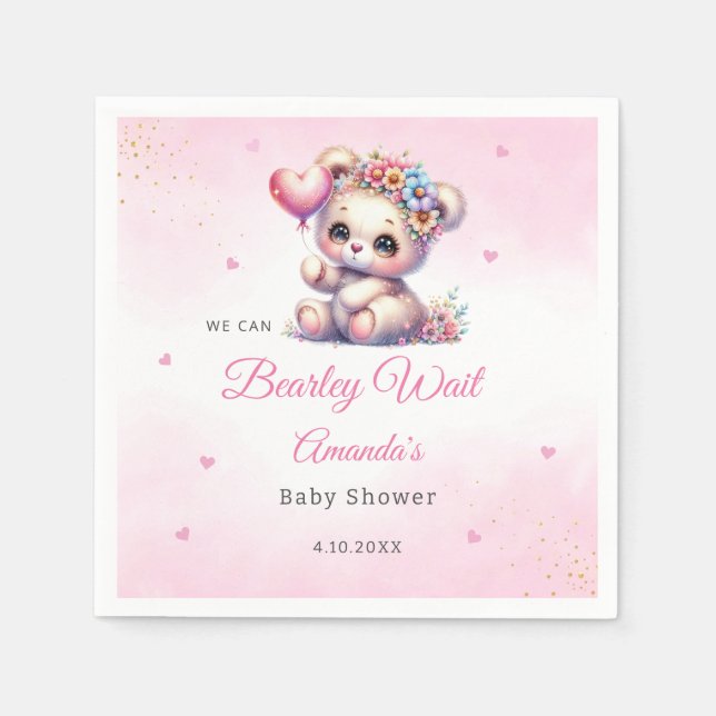 We Can Bearly Wait Girl Teddy Bear Baby Shower Napkin (Front)