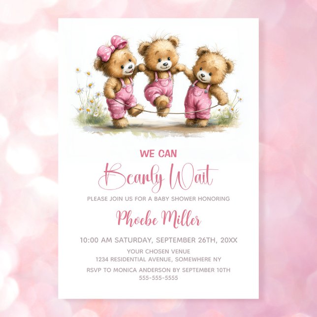 We Can Bearly Wait Girl Teddy Bears Baby Shower Invitation (Creator Uploaded)