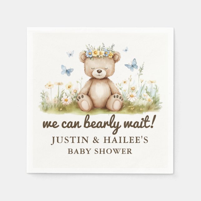 We Can Bearly Wait Girly Wildflower Baby Shower Napkin (Front)