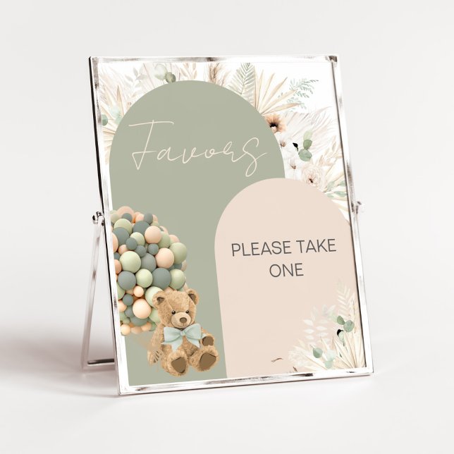 We Can Bearly Wait Green Baby Shower Favours Poster (Green Boho Teddy Bear Baby Shower Favors Sign)
