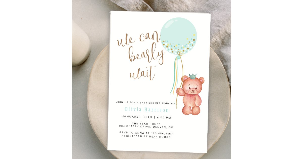 We Can Bearly Wait Green Balloon Bear Baby Shower Invitation | Zazzle