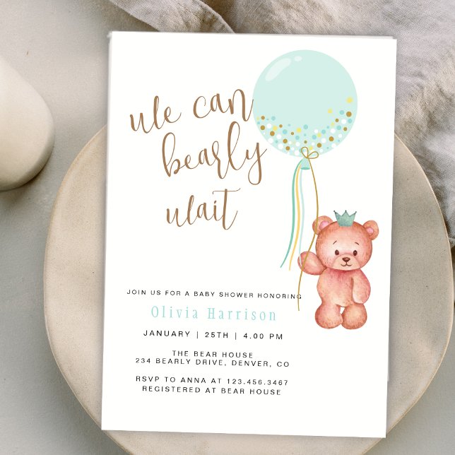 We Can Bearly Wait Green Balloon Bear Baby Shower Invitation (We Can Bearly Wait Green Balloon Bear Baby Shower Invitation)