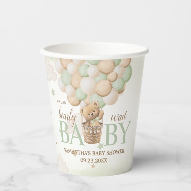 We Can Bearly Wait Green Bear Baby Shower Paper Cups (Front)
