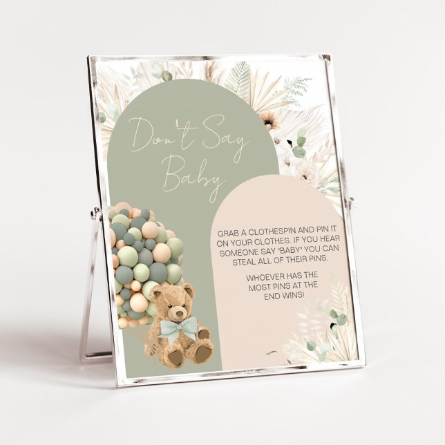 We Can Bearly Wait Green Don't Say Baby Poster (Green Boho Teddy Bear Baby Shower Don't Say Baby Sign)