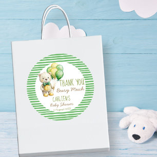 We can bearly wait green teddy bear baby shower classic round sticker