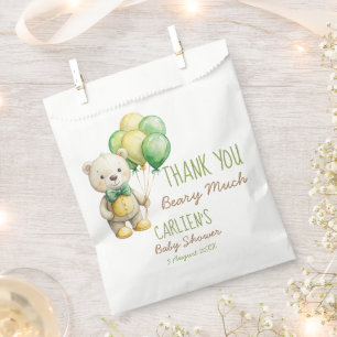 We can bearly wait green teddy bear baby shower favour bags
