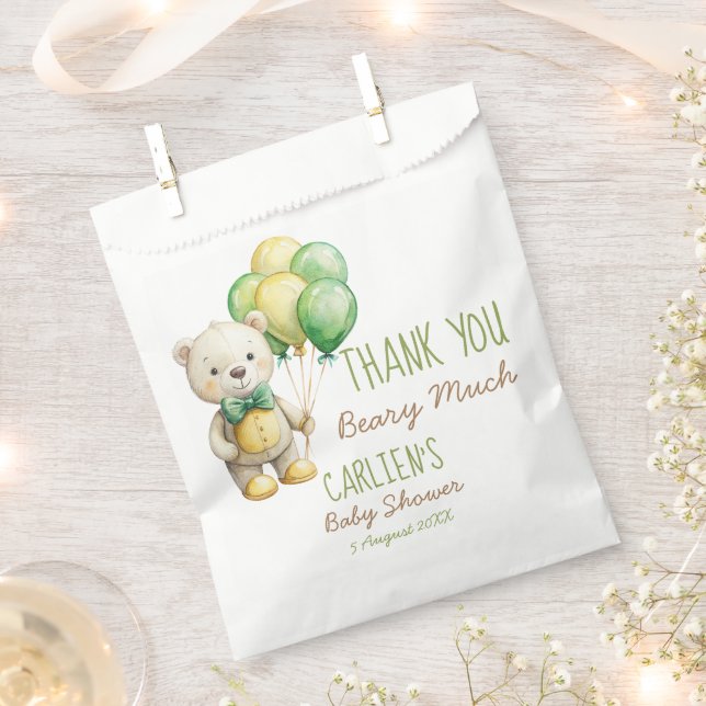 We can bearly wait green teddy bear baby shower favour bags (Clipped)