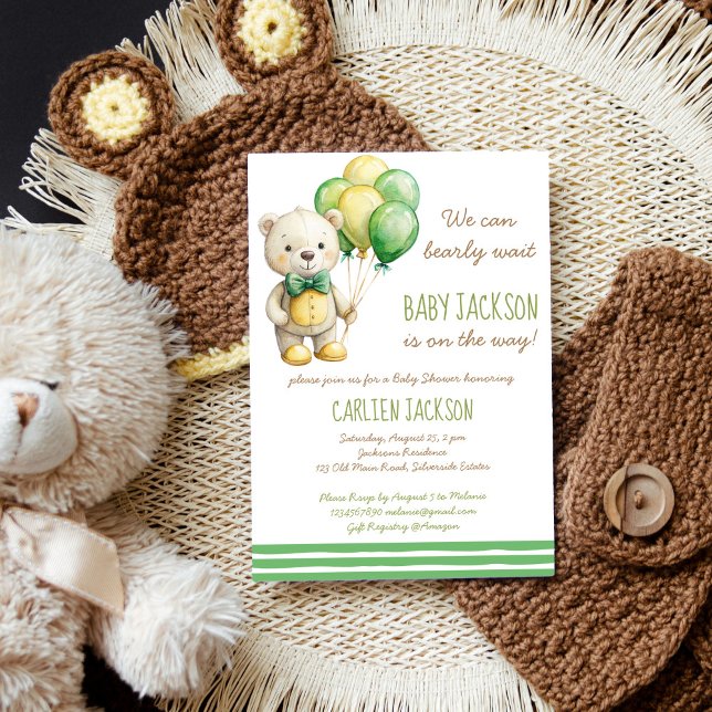We can bearly wait green teddy bear baby shower invitation (We can bearly wait sage green teddy bear balloons gender neutral baby shower invitation template )