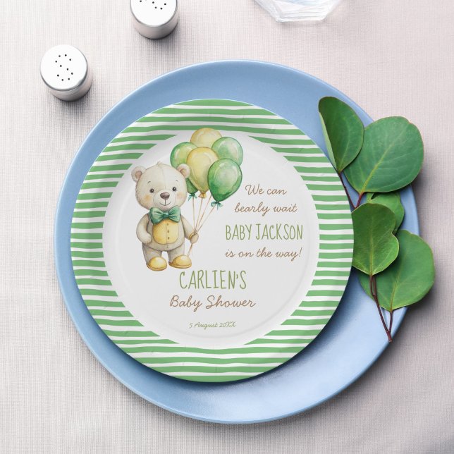 We can bearly wait green teddy bear baby shower paper plate (We can bearly wait sage green cute teddy bear baby shower personalized monogram printed paper plates)