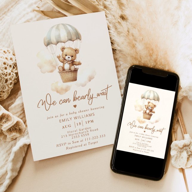We can bearly wait hot air balloon baby shower invitation (Creator Uploaded)