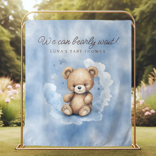 We Can Bearly Wait Light Blue Baby Shower Backdrop Tapestry