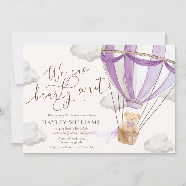 We Can Bearly Wait Lilac Baby Shower Invitation (Front)