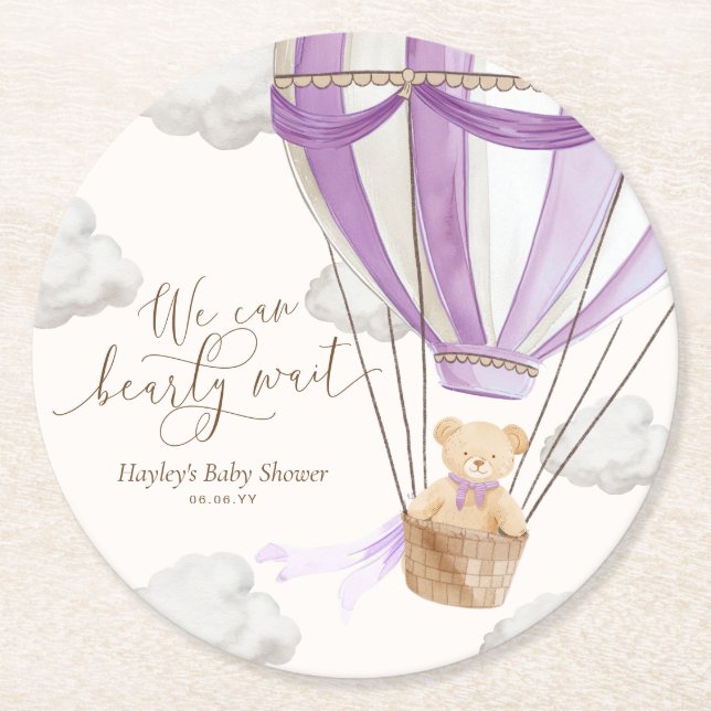 We Can Bearly Wait Lilac Teddy Bear Baby Shower Round Paper Coaster (Front)