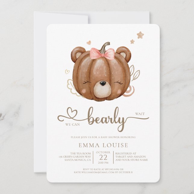 We Can Bearly Wait Little Pumpkin Baby Girl  Invitation (Front)