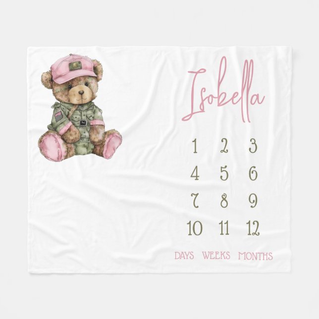 We Can Bearly Wait! Military Teddy Baby Milestone Fleece Blanket (Front (Horizontal))