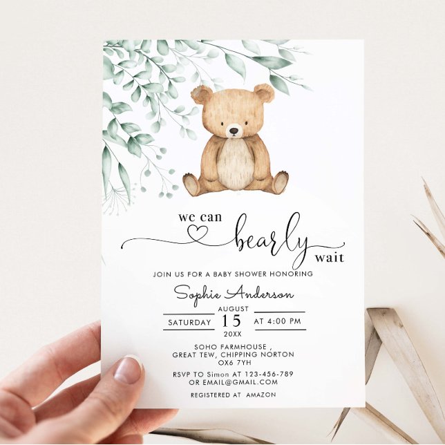 We Can Bearly Wait Minimalist Greenery Invitation (Creator Uploaded)