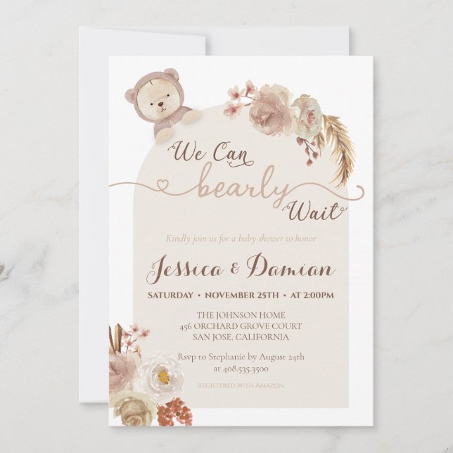 We Can Bearly Wait Modern Boho Bear Baby Shower Invitation (Front)