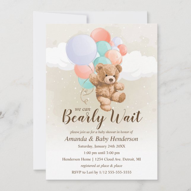 We can Bearly Wait Multi Colour Baby Shower Invitation (Front)