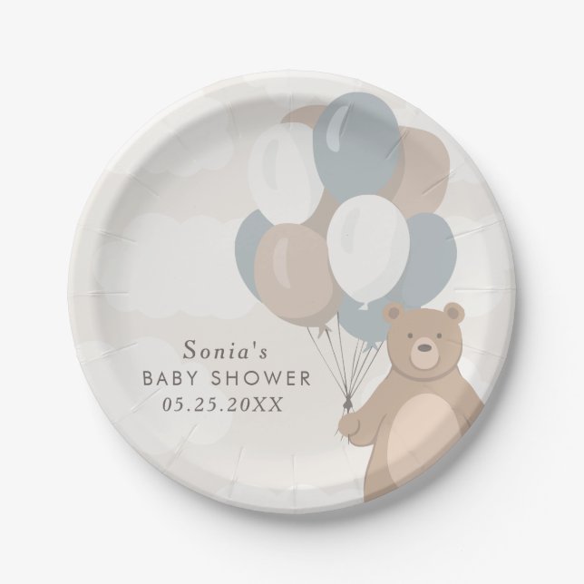 We Can Bearly Wait | Neutral Blue Boy's Paper Plate (Front)