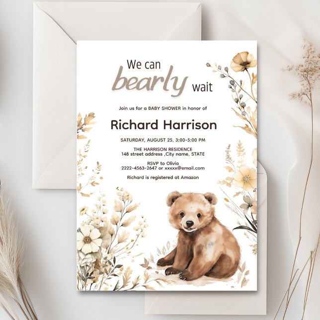 We can bearly wait neutral rustic baby shower  invitation (Cute forest bear with rustic beige flowers baby shower invitation)