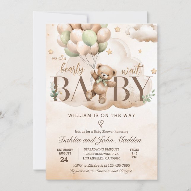 We Can Bearly Wait Neutral Teddy Bear Baby Shower Invitation (Front)