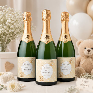 We Can Bearly Wait Neutral Teddy Bear Baby Shower Sparkling Wine Label