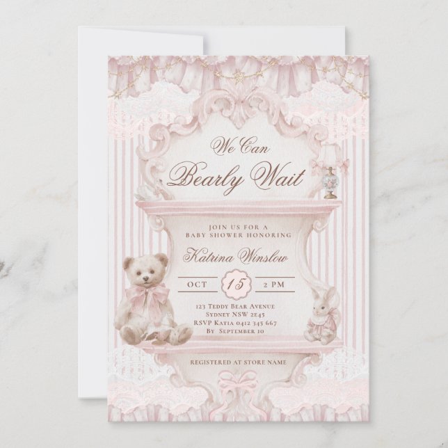 We Can Bearly Wait Nursery Girl Baby Shower Invitation (Front)