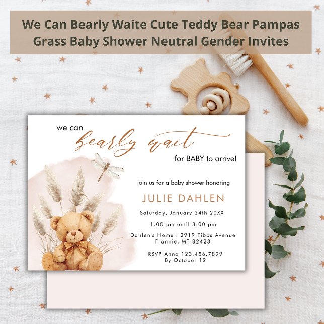 We Can Bearly Wait Pampas Grass Bear Baby Shower Invitation (Creator Uploaded)