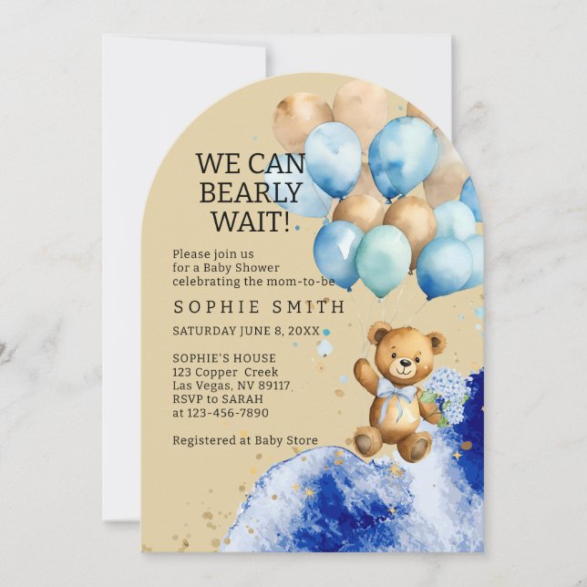 We Can Bearly Wait Pastel Blue And Gold Abstract Invitation (Front)