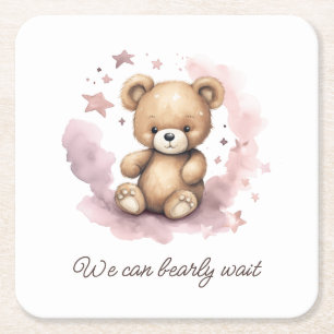 We Can Bearly Wait Pastel Pink Baby Shower Square Paper Coaster