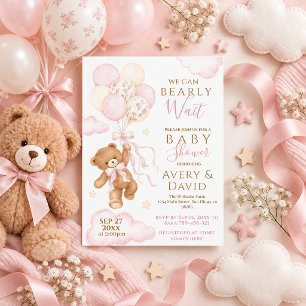 We Can Bearly Wait Pink Baby Shower Girl Invitation
