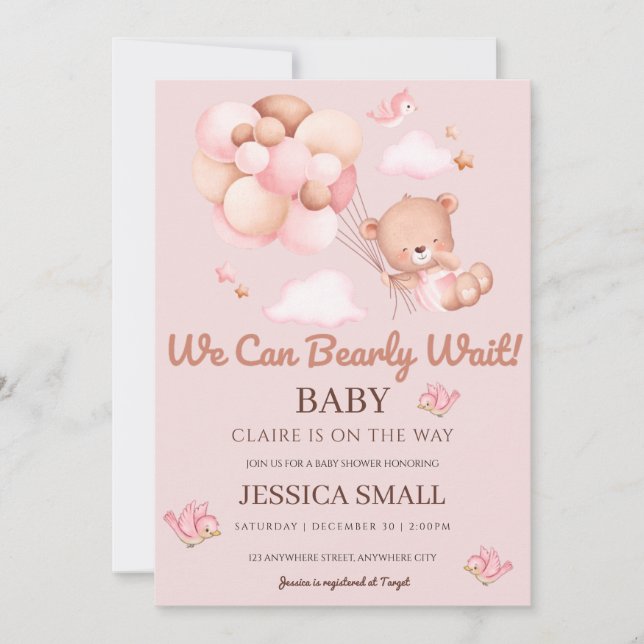 We Can Bearly Wait Pink Baby Shower Invitation (Front)