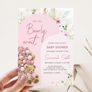 We Can Bearly Wait Pink Baby Shower  Invitation