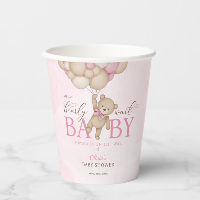 We Can Bearly Wait Pink Baby Shower Paper Cups (Front)