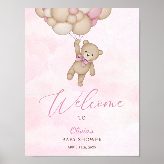 We Can Bearly Wait Pink Baby Shower Welcome Sign (Front)