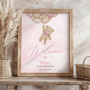 We Can Bearly Wait Pink Baby Shower Welcome Sign