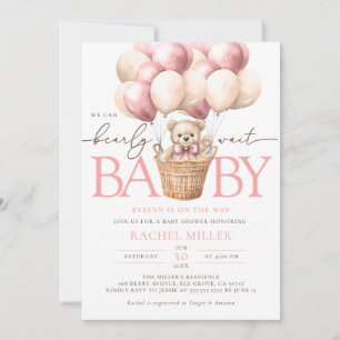 We Can Bearly Wait Pink Balloon Baby Girl Shower Invitation