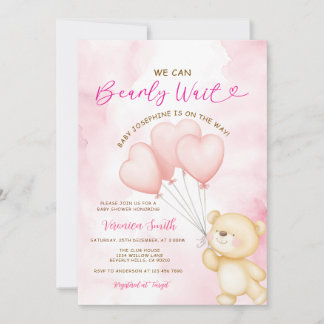 We can bearly wait pink balloon girl baby shower invitation