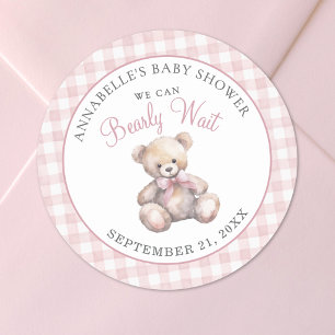 We Can Bearly Wait Pink Bear Baby Shower Classic Round Sticker