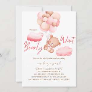 We Can Bearly Wait Pink Bear Baby Shower  Invitation