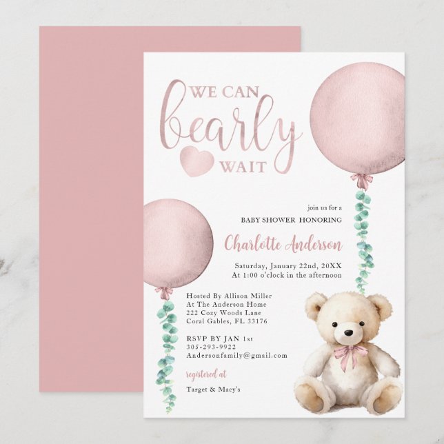 We Can Bearly Wait Pink Bear Baby Shower Invite (Front/Back)