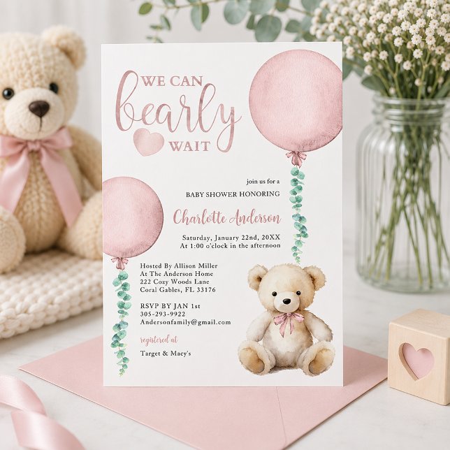 We Can Bearly Wait Pink Bear Baby Shower Invite (Pink Pastel baby shower invitation detail)