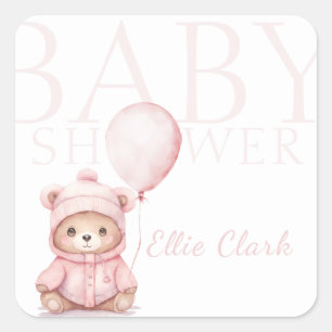 We Can Bearly Wait Pink Bear Baby Shower  Square Sticker